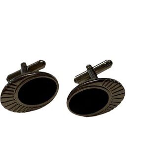 Source Unknown Black and Silver Tone Sunburst Oval Cufflinks